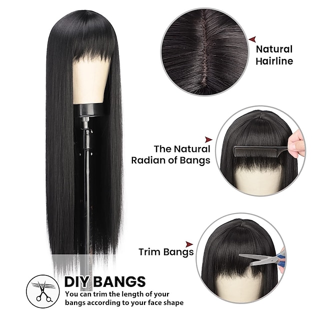 Beauty & Hair Wigs & Hair Pieces | Long Black Wig with Bangs Straight Wig for Women Middle Part Natural Heat Resistant Fiber Syn