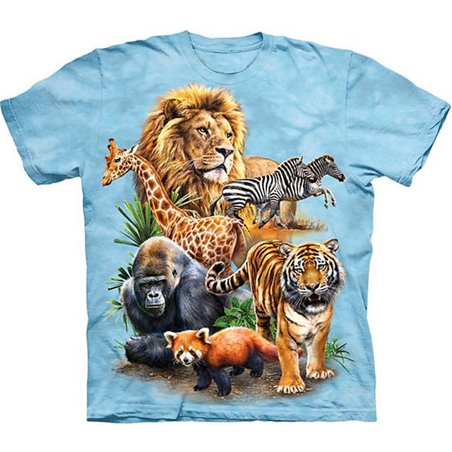  子供 男の子 Tシャツ 半袖 3Dプリント ライオン 虎 動物 ブルー 子供達 トップの 春 夏 活発的 ファッション 日常 日常 アウトドア レギュラー 3〜12年
