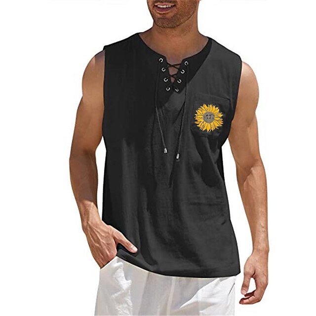 Mens Clothing Mens Shirts | Mens Shirt Hot Stamping Graphic Sunflower V Neck Street Casual Lace up Print Long Sleeve Tops Casual