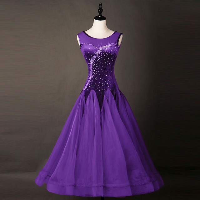  Ballroom Dance Dress Pleats Crystals / Rhinestones Women's Performance Training Sleeveless Natural Organza Velvet