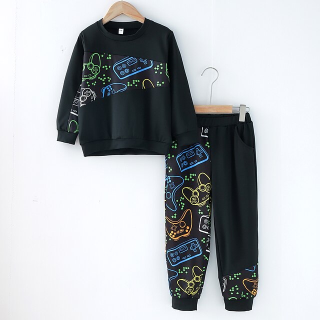 Baby & Kids Boys Clothing | Kids Boys Hoodie & Pants Pants Set Clothing Set 2 Pieces Long Sleeve Half Sleeve Black Graphic Crewn