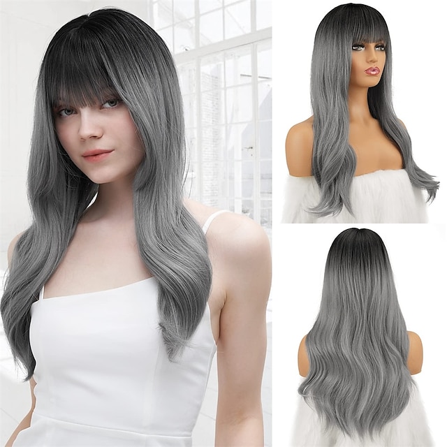 Beauty & Hair Wigs & Hair Pieces | Ombre Gray Wig with Bangs Long Ombre Gray Wig with Black Root 24 Inch Grey Wigs for Women Syn