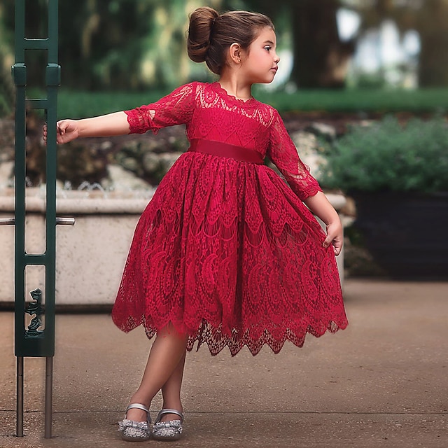 Vestido para niñas pequeñas, vestido de tul de color lazo diario, rojo la rodilla, manga 3/4, vestidos corte regular, años 8460840 2023 – €21.59