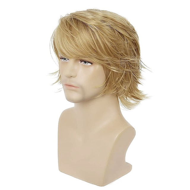 Mens Blonde Wig Short Fluffy Layered Blonde Wig Natural Synthetic