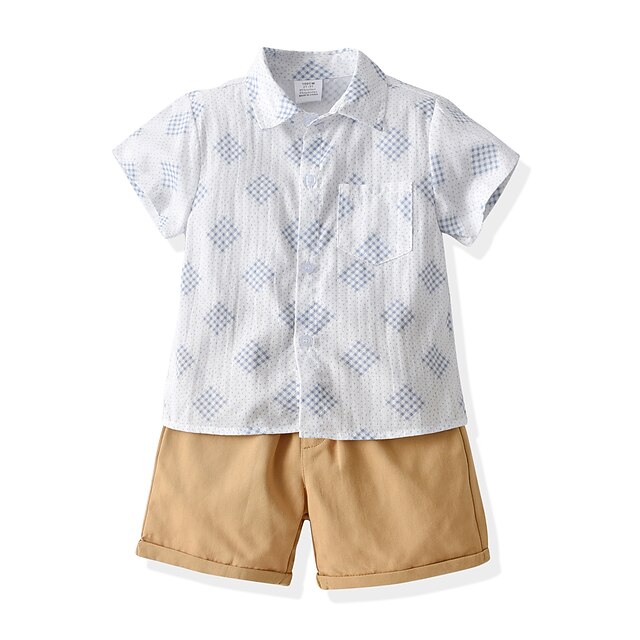 Baby & Kids Boys Clothing | Kids Boys Shirt & Shorts Clothing Set 2 Pieces Short Sleeve Khaki Geometric Cotton Casual Daily 2-8 