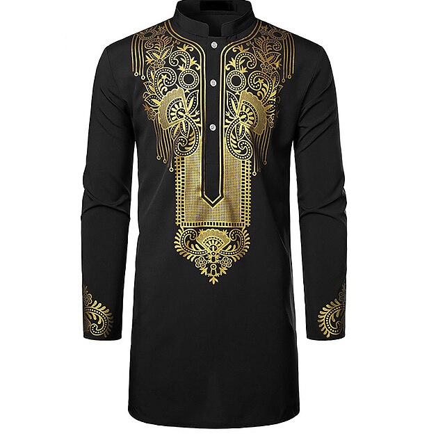 Mens Clothing Mens Shirts | Mens Shirt Tribal Stand Collar Street Casual Button-Down Long Sleeve Tops Casual Fashion Breathable 