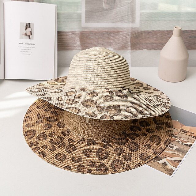 Shoes & Bags Fashion Accessories | 1pcs Leopard Print Folding Straw Hat Womens Summer Wide Brim Sun Hats Outdoor Sun Visor Holid