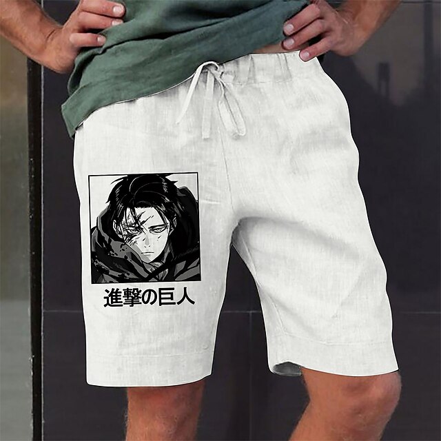  Inspired by Attack on Titan levi ackerman Beach Shorts Board Shorts Linen Pants Anime Elastic Drawstring Design Front Pocket Shorts For Men's Adults' Hot Stamping Cotton Blend Daily Yoga