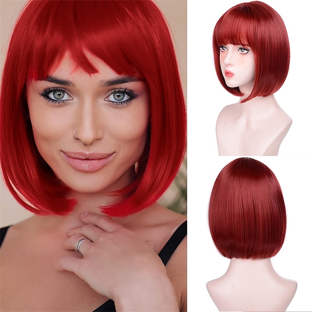 Beauty & Hair Wigs & Hair Pieces | Short Straight Bob Wigs With Bangs Synthetic Wigs For Women Pink Red Black Wigs Lolita Cospla