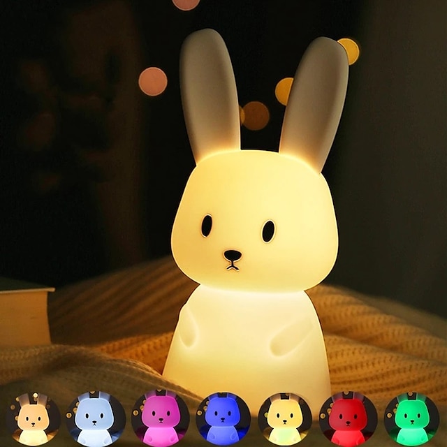  led rabbit night light bunny lamp for kids touch sensor animal cartoon cute lamp colorful usb rechargeable silicongift przedszkola dziewczyna chłopiec maluch kawaii room decoration sypialnia lampka