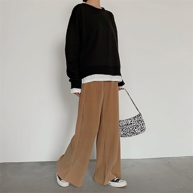 Womens Clothing Womens Bottoms | Womens Trousers Chino Culottes Wide Leg Pleated Elastic Waist Full Length Pants Casual Daily St