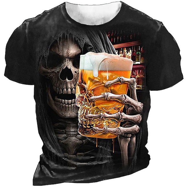  Voor heren T-shirt halloween-overhemd Grafisch Doodskoppen Bier Strakke ronde hals Zwart 3D-afdrukken Buiten Casual Korte mouw Afdrukken Kleding Vintage Modieus Ontwerper Groot en klein