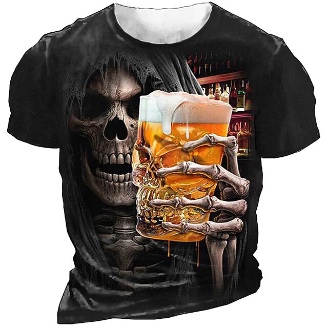 Men's Graphic Skull Beer T Shirt Halloween Shirt Short Sleeve T shirt 3D Print Crew Neck Shirt Vintage Fashion Designer Outdoor Casual Daily Black Summer Clothing Apparel S M L XL 2XL 3XL3