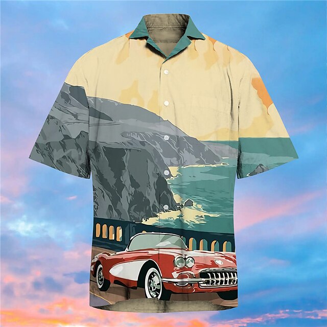 Mens Clothing Mens Shirts | Mens Shirt Print Scenery Car Turndown Street Casual Button-Down Print Short Sleeve Tops Casual Fashi