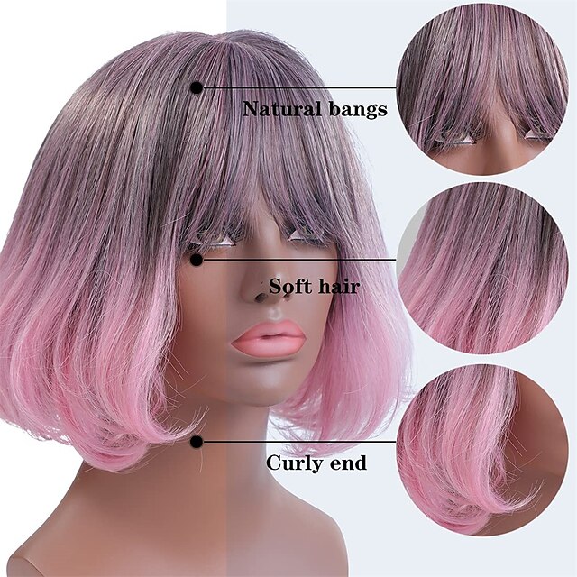 Beauty & Hair Wigs & Hair Pieces | Ombre Pink Bob Wigs 2 Tone Short Curly Bob Wig with Bangs Colorful Glueless Synthetic Hair Wi