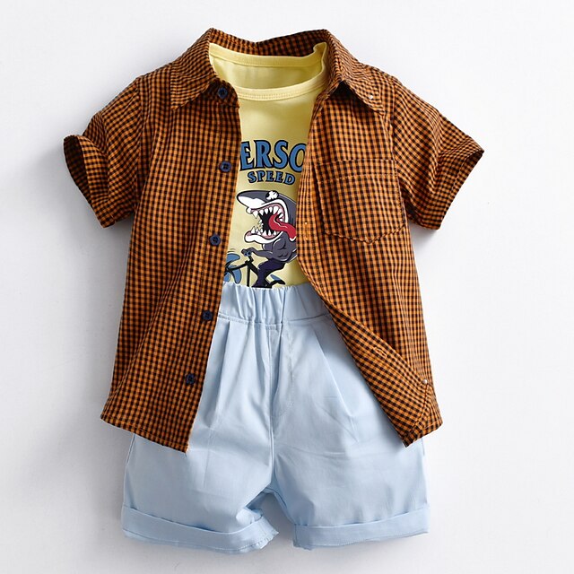 Baby & Kids Boys Clothing | Kids Boys Shirt & Shorts Clothing Set 3 Pieces Short Sleeve Orange Brown Plaid Shark Letter Ruched P