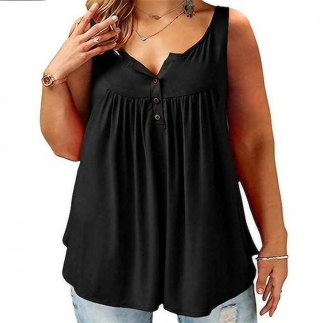  Women's Plus Size Tops T shirt Tee Plain Ruched Button Sleeveless Round Neck Sexy Streetwear Daily Back to School Polyester Spring Summer Green White