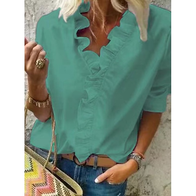 Women‘s Blouse Shirt V Neck Lettuce Trim Plain Modern V Neck Regular ...