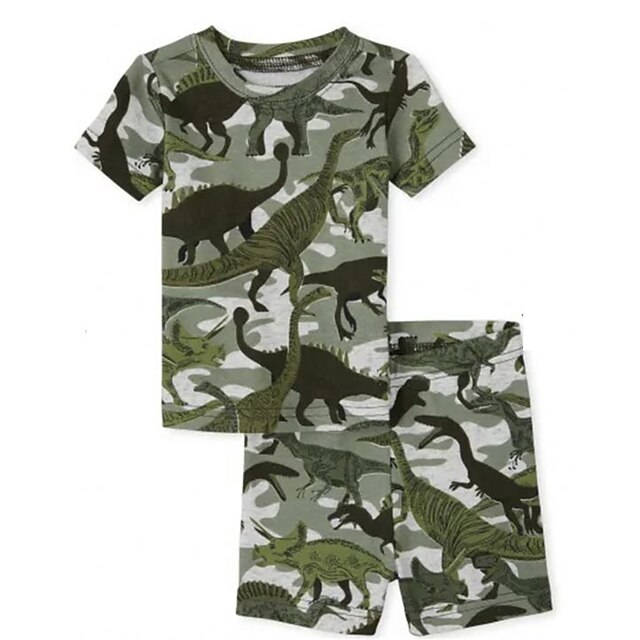 Baby & Kids Boys Clothing | Kids Boys T-shirt & Shorts Clothing Set 2 Pieces Short Sleeve Green Camo Camouflage Dinosaur Crewnec