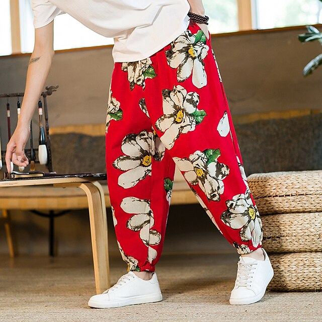 Mens Clothing Mens Bottoms | Mens Casual Harem Active Print Pants Casual Stretchy Flower / Floral Sports Mid Waist Black Red M L