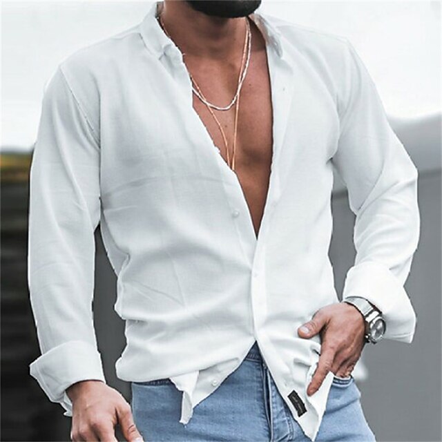 Mens Clothing Mens Shirts | Mens Shirt Solid Color Turndown Street Casual Button-Down Long Sleeve Tops Casual Fashion Breathable