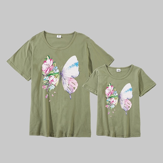 Baby & Kids Matching Outfits | Mommy and Me T shirt Tops Cotton Floral Butterfly Daily Print White Black Gray Short Sleeve Basic