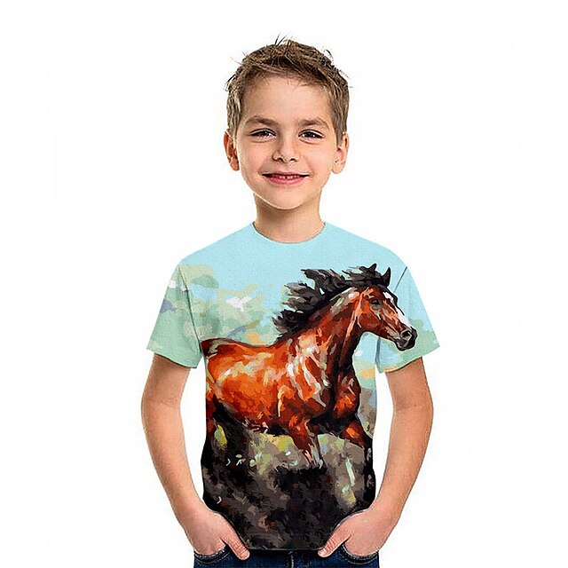 Baby & Kids Boys Clothing | Kids Boys T shirt Short Sleeve 3D Print Horse Animal Crewneck Blue Children Tops Spring Summer Activ