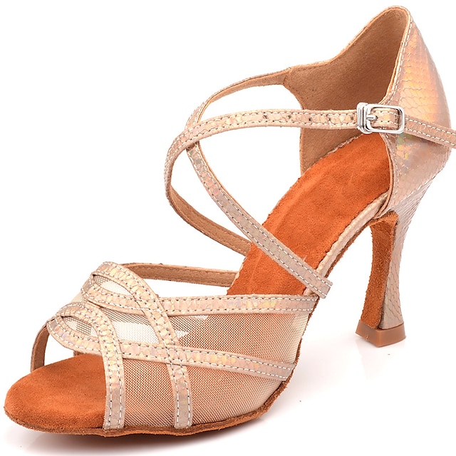  Pentru femei Încălțăminte latină Pantofi Salsa Scenă Interior Performanță Sandale de cristal Călcâi Tul Toc Înalt Pantofi vârf deschis Cureaua de legătură Adulți Gri Migdală