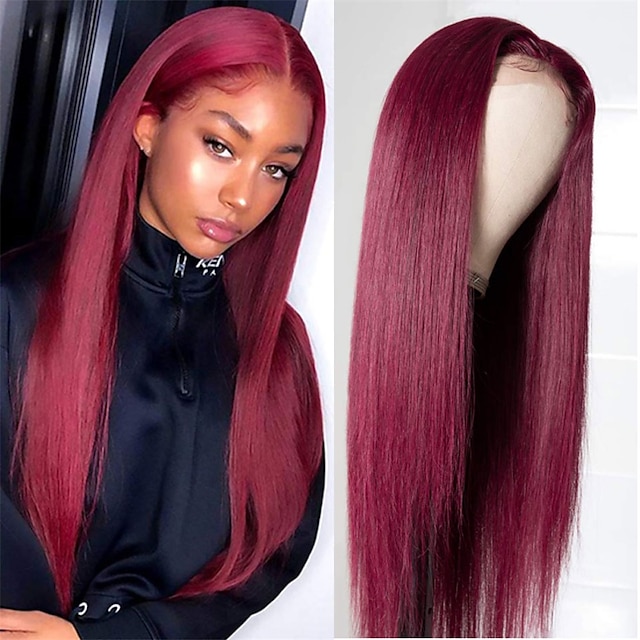 Beauty & Hair Wigs & Hair Pieces | Straight Hair 4X4x1 TPart Lace Front Wig Human Hair Wigs 99J Red Burgundy Pre-Plucked 180% Re