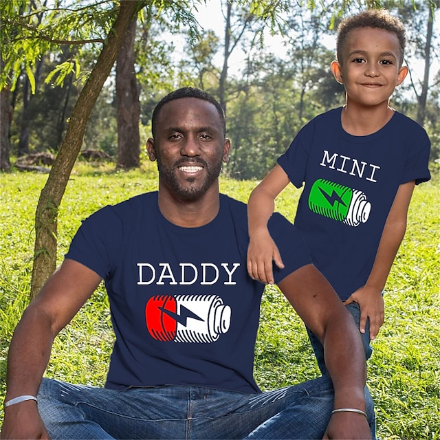  Dad and Son T shirt Tops Graphic Patterned Letter Causal Print Black Blue Short Sleeve Casual Matching Outfits / Spring / Summer