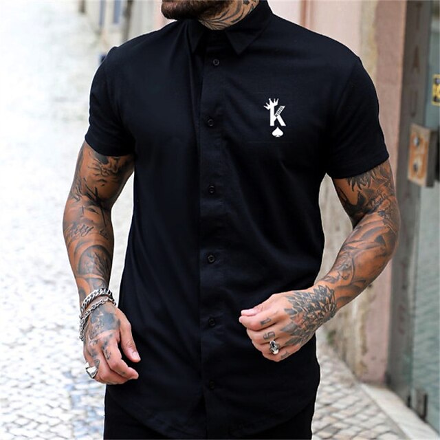 Mens Clothing Mens Shirts | Mens Shirt Letter Turndown Street Casual Button-Down Short Sleeve Tops Casual Fashion Comfortable Bl