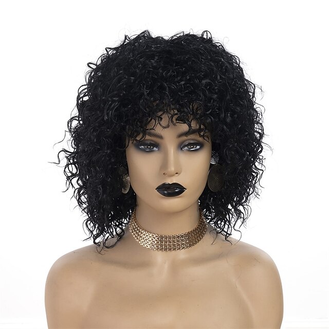 Beauty & Hair Wigs & Hair Pieces | Short Black Afro Wigs for Black Women Natural Fluffy Kinky Curly Wig with Bangs Synthetic Sof