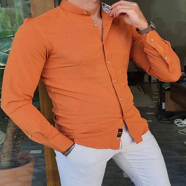  Men's Shirt Solid Colored Stand Collar Casual Daily Button-Down Long Sleeve Tops Casual Fashion Breathable Comfortable Orange / Summer / Spring / Summer