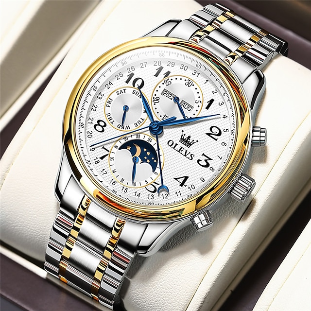  OLEVS 男性 機械式時計 カレンダー 贅沢 防水 腕時計 自動巻き ムーンフェイズ表示 デュアルディスプレイ カレンダー ステンレスストラップ 腕時計