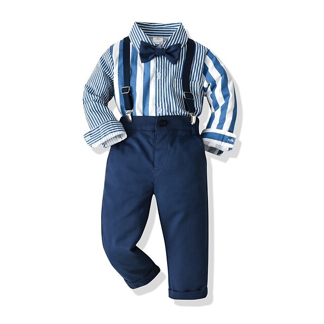 Baby & Kids Boys Clothing | Kids Boys Shirt & Pants Clothing Set 4 Pieces Long Sleeve Blue Stripe Cotton Formal Gentle 2-8 Years