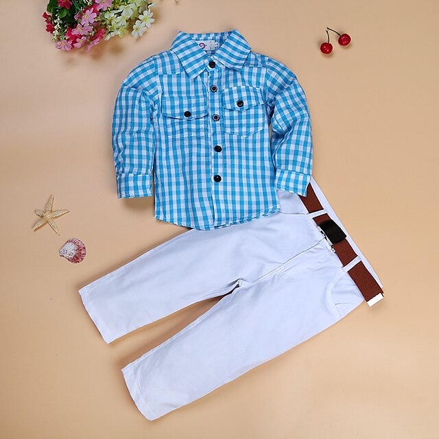  2 Pieces Kids Boys Shirt & Pants Clothing Set Outfit Plaid Long Sleeve Print Cotton Set Formal Fashion Cool Spring Summer 2-8 Years Light Blue