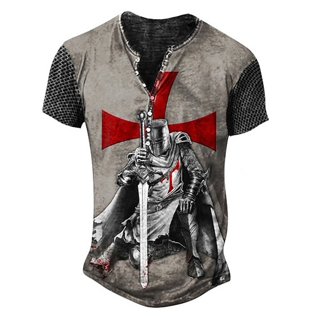  Men's T shirt Tee Henley Shirt Tee Short Sleeve Graphic Soldier Weapon Henley Green Blue Gray Royal Blue 3D Print Plus Size Outdoor Daily Button-Down Print Clothing Apparel Basic Designer Casual Big