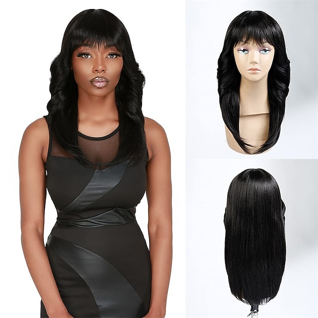  uzun düz saç peruk 22 inç tüy kesim uzun düz patlama ile siyah kadınlar için peruk doğal yaki dokulu ısıya dayanıklı sentetik peruk