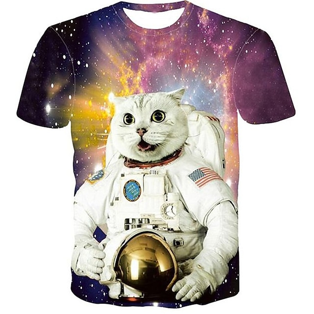 Baby & Kids Boys Clothing | Kids Boys T shirt Short Sleeve 3D Print Galaxy Cat Astronaut Animal Crewneck Rainbow Children Tops S