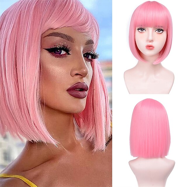 Beauty & Hair Wigs & Hair Pieces | Short Straight Bob Wigs With Bangs Synthetic Wigs For Women Pink Red Black Wigs Lolita Cospla