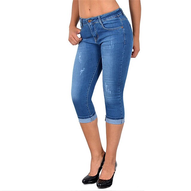  Women's Trousers Pants Trousers Jeans Capri shorts Black Blue Dark Blue Shorts Mid Waist Work Daily Full Length Micro-elastic Solid Color Outdoor S M L XL XXL