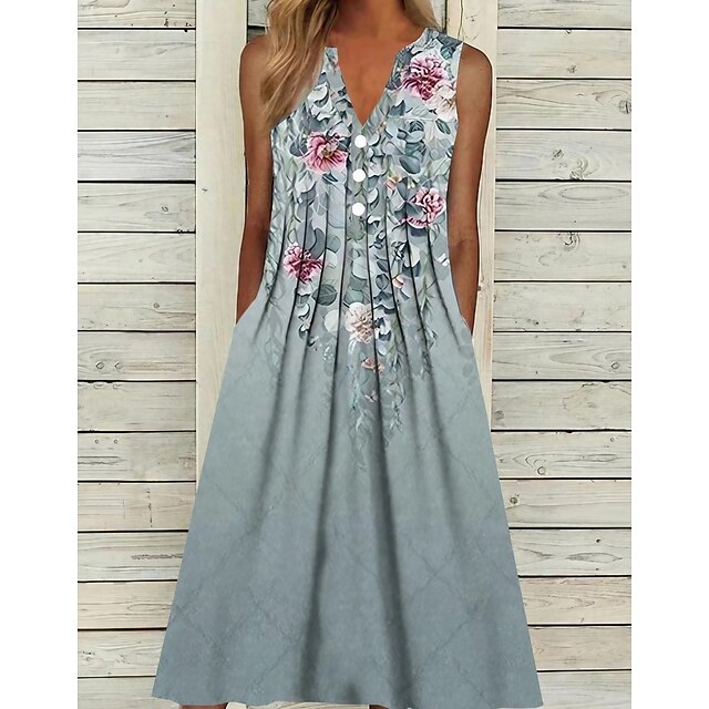 Womens Clothing Womens Dresses | Womens A Line Dress Midi Dress Gray Sleeveless Floral Ruched Print Spring Summer V Neck Elegant