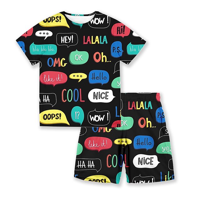 Baby & Kids Boys Clothing | Kids Unisex T-shirt & Shorts 2 Pieces Short Sleeve Black Blue Letter Loose Print Sports Outdoor Comf