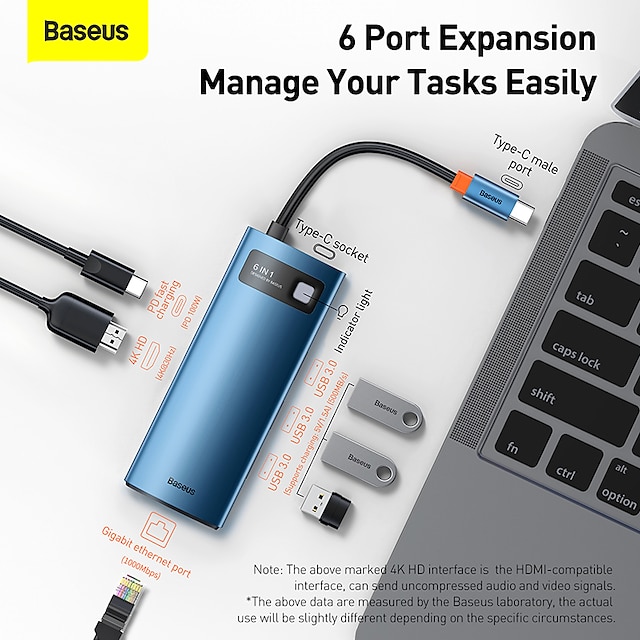  BASEUS USB 3.0 USB C Hubok 8 Portok 8 az 1-ben 6 az 1-ben Nagy sebesség LED kijelzős Az olvasó (k) USB Hub val vel RJ45 HDMI PD 3.0 20V / 5A Power Delivery Kompatibilitás Laptop PC Táblagép