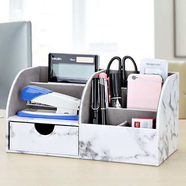 Consumer Electronics Stationery | Pen Pencil Holder Cup Multifunction Big Capacity With Drawer PU Leather for Office Men Home - 