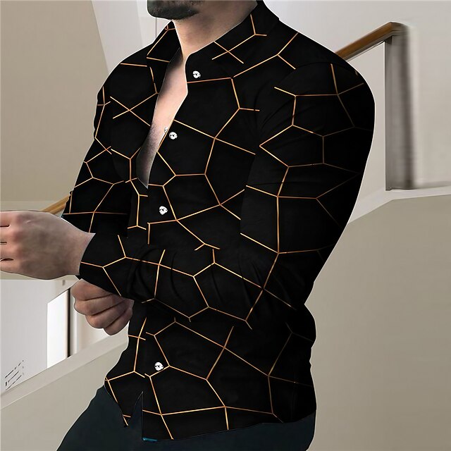 Men's Geometric Pattern Geometry Shirt Button Up Shirt Long Sleeve Fashion Designer Casual Outdoor Casual Holiday Summer Spring Turndown Print Button-Down Black3