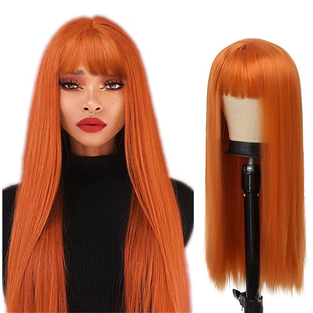 Beauty & Hair Wigs & Hair Pieces | Orange Long Straight Women Wig with Bangs Heat Resistant Synthetic Wig Cosplay Party Hallowee