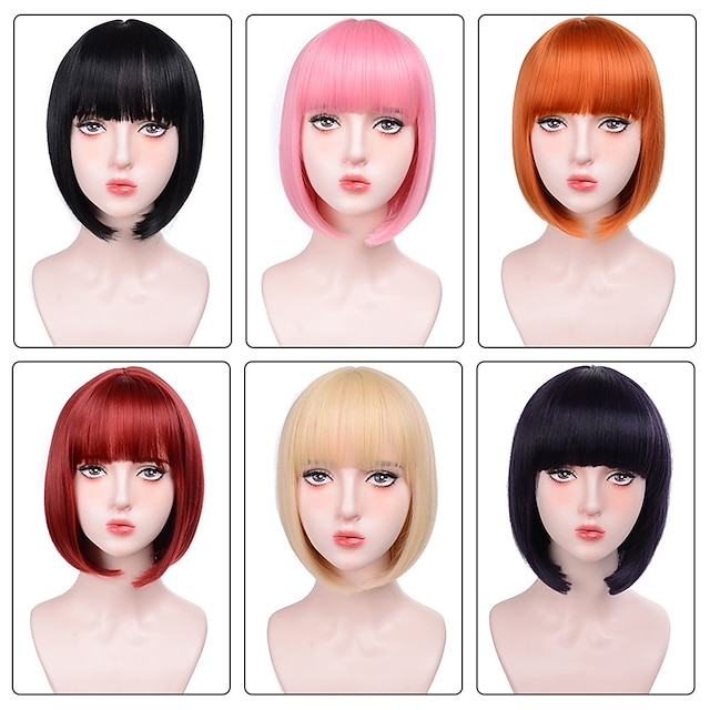 Beauty & Hair Wigs & Hair Pieces | Short Straight Bob Wigs With Bangs Synthetic Wigs For Women Pink Red Black Wigs Lolita Cospla