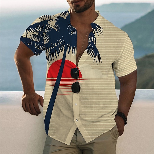  Męskie Koszula Koszula hawajska Krótki rękaw Drzewo kokosowe Słońce Wieczorne Beżowy Nadruk Na zewnątrz Ulica Przycisk w dół Nadruk Odzież Moda Designerskie Codzienny Hawajskie / Lato / Wiosna / Lato