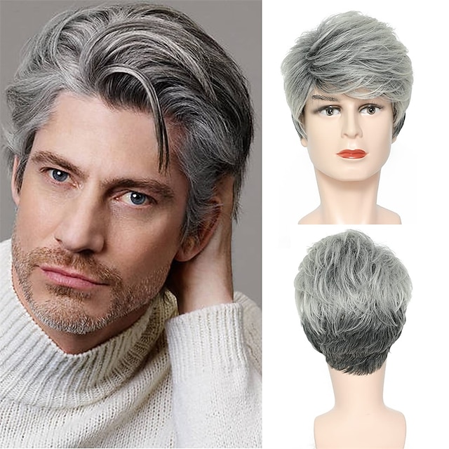 Mens Grey Wigs Realistic Short Fluffy Layered Natural Looking Wig Mens Short Wig Straight Silver